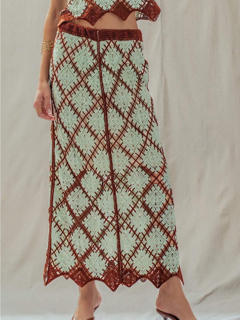 Sleeveless Mint & Rust Crochet Midi Dress - Picture 6 of 6